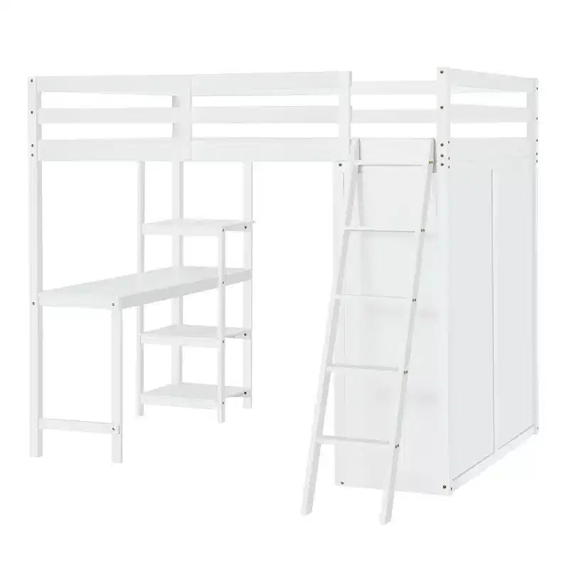 Lit mezzanine pleine grandeur avec armoire et bureau pour enfants, cadre de lit mezzanine haut en bois avec étagères de rangement