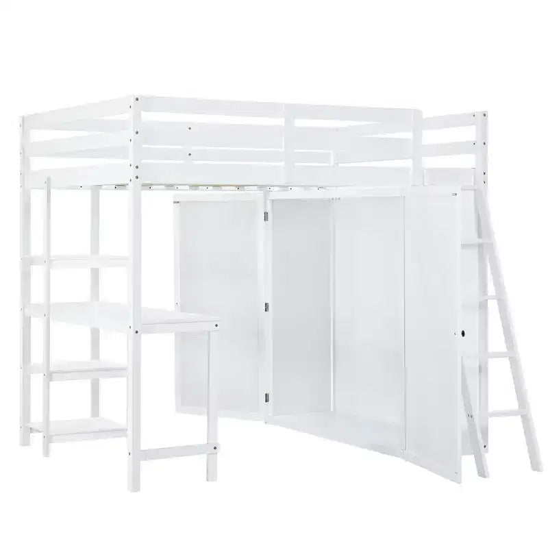 Lit mezzanine pleine grandeur avec armoire et bureau pour enfants, cadre de lit mezzanine haut en bois avec étagères de rangement
