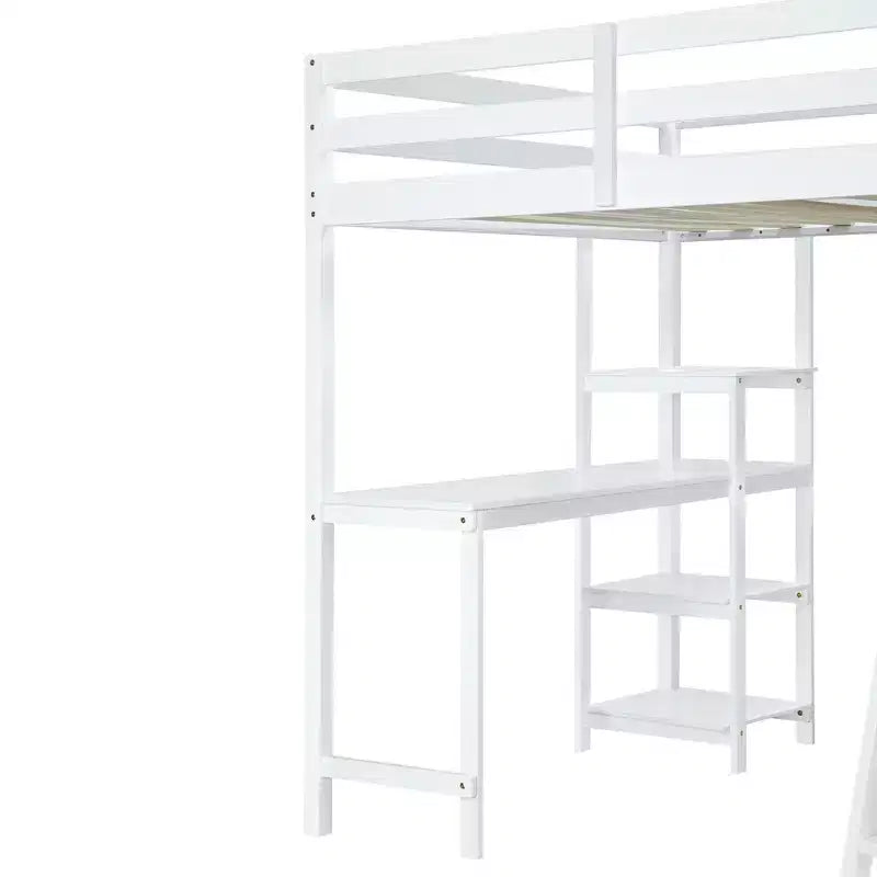 Lit mezzanine pleine grandeur avec armoire et bureau pour enfants, cadre de lit mezzanine haut en bois avec étagères de rangement
