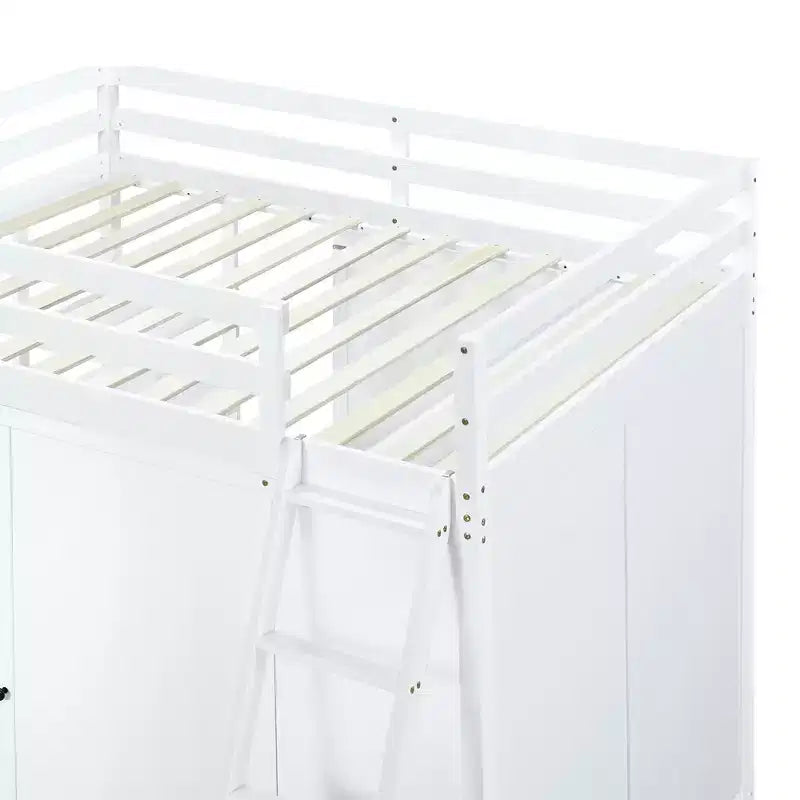 Lit mezzanine pleine grandeur avec armoire et bureau pour enfants, cadre de lit mezzanine haut en bois avec étagères de rangement