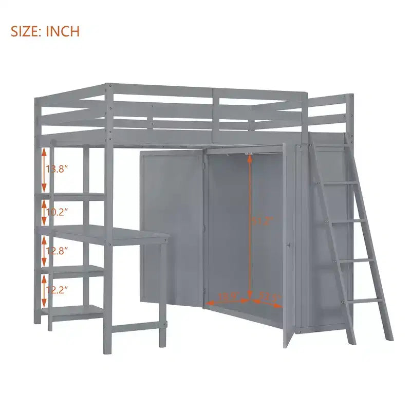 Lit mezzanine pleine grandeur avec armoire et bureau pour enfants, cadre de lit mezzanine haut en bois avec étagères de rangement