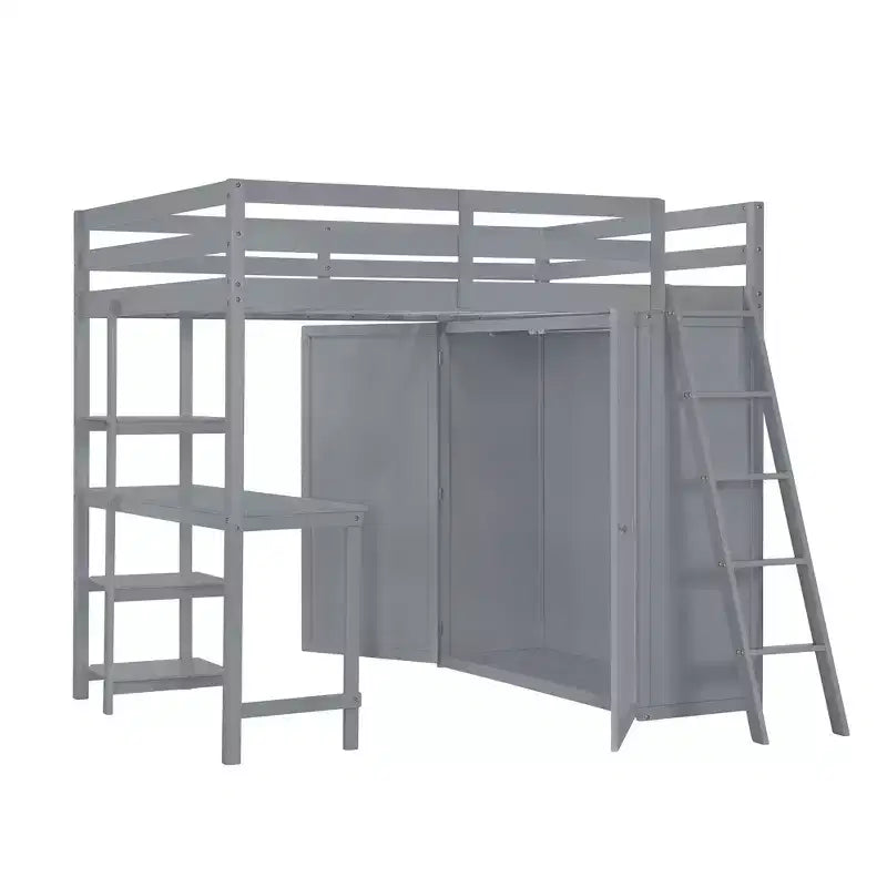 Lit mezzanine pleine grandeur avec armoire et bureau pour enfants, cadre de lit mezzanine haut en bois avec étagères de rangement
