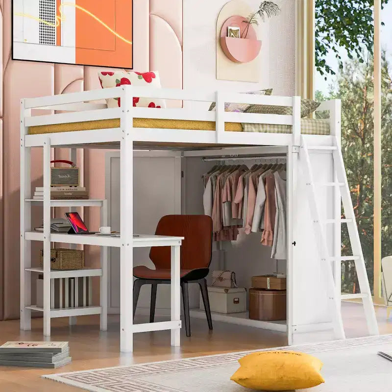 Lit mezzanine pleine grandeur avec armoire et bureau pour enfants, cadre de lit mezzanine haut en bois avec étagères de rangement