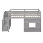 Lit mezzanine bas double avec escalier de rangement et fenêtre, cadre de lit mezzanine double en bois avec espace sous le lit pour enfants et adolescents