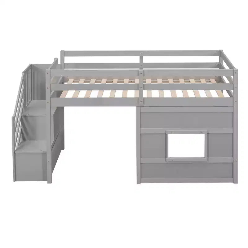 Lit mezzanine bas double avec escalier de rangement et fenêtre, cadre de lit mezzanine double en bois avec espace sous le lit pour enfants et adolescents