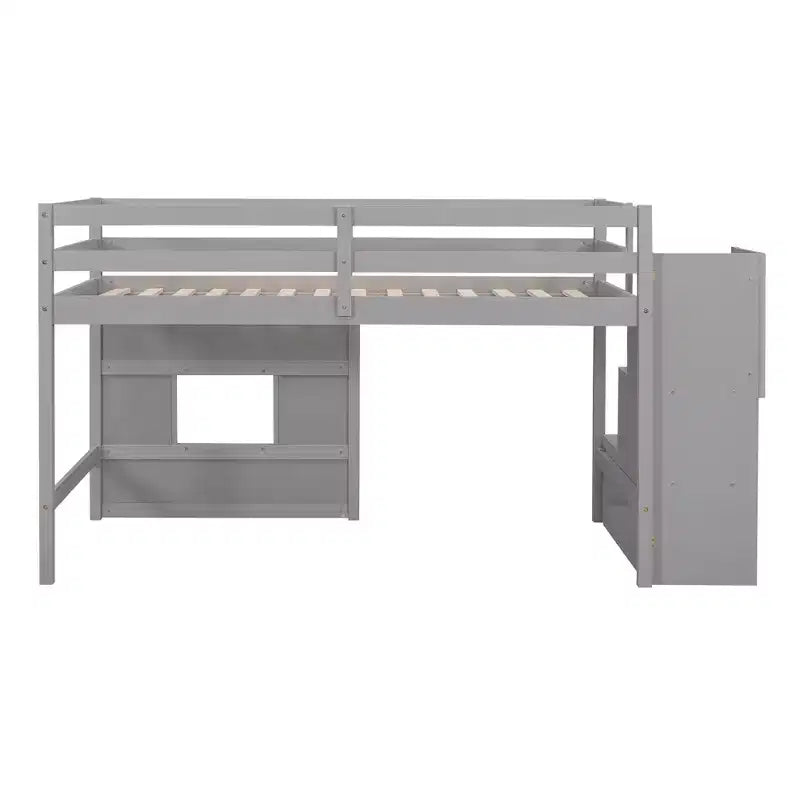 Lit mezzanine bas double avec escalier de rangement et fenêtre, cadre de lit mezzanine double en bois avec espace sous le lit pour enfants et adolescents