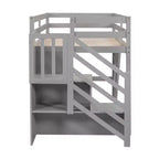 Lit mezzanine bas double avec escalier de rangement et fenêtre, cadre de lit mezzanine double en bois avec espace sous le lit pour enfants et adolescents