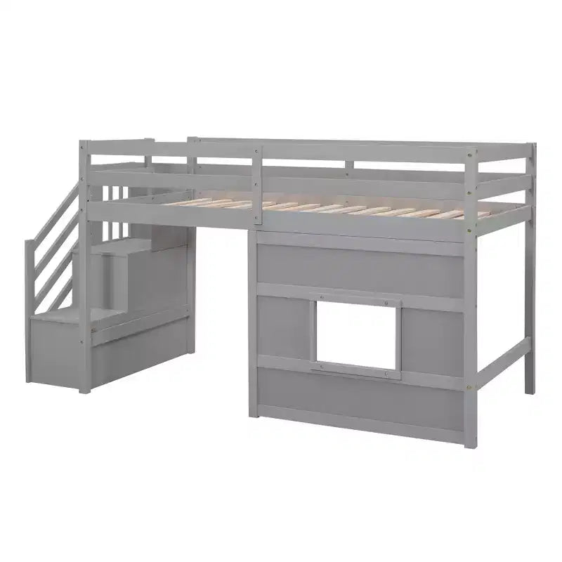Lit mezzanine bas double avec escalier de rangement et fenêtre, cadre de lit mezzanine double en bois avec espace sous le lit pour enfants et adolescents