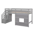 Lit mezzanine bas double avec escalier de rangement et fenêtre, cadre de lit mezzanine double en bois avec espace sous le lit pour enfants et adolescents