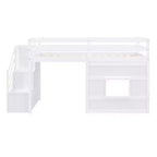 Lit mezzanine bas double avec escalier de rangement et fenêtre, cadre de lit mezzanine double en bois avec espace sous le lit pour enfants et adolescents
