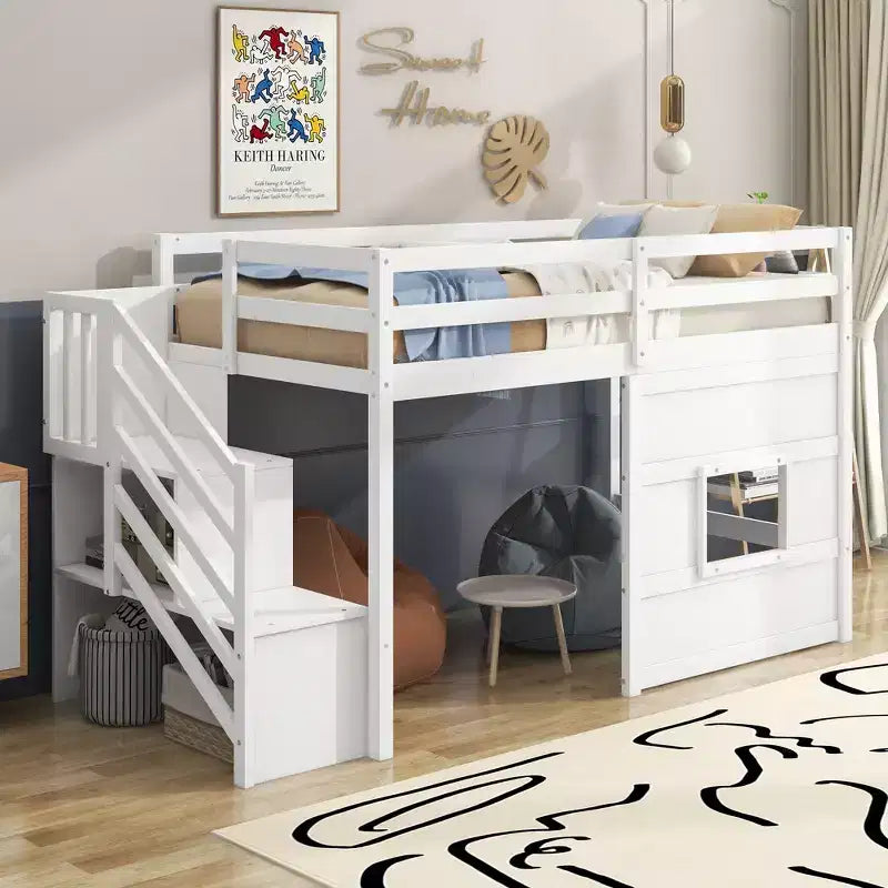 Lit mezzanine bas double avec escalier de rangement et fenêtre, cadre de lit mezzanine double en bois avec espace sous le lit pour enfants et adolescents