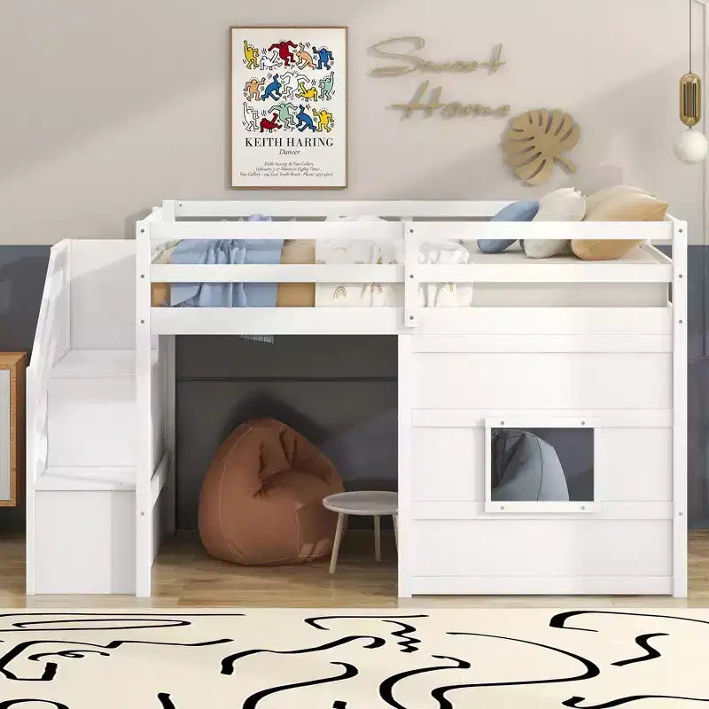 Lit mezzanine bas double avec escalier de rangement et fenêtre, cadre de lit mezzanine double en bois avec espace sous le lit pour enfants et adolescents