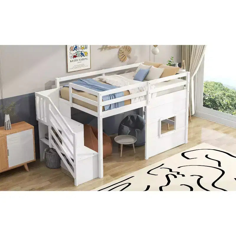Lit mezzanine bas double avec escalier de rangement et fenêtre, cadre de lit mezzanine double en bois avec espace sous le lit pour enfants et adolescents