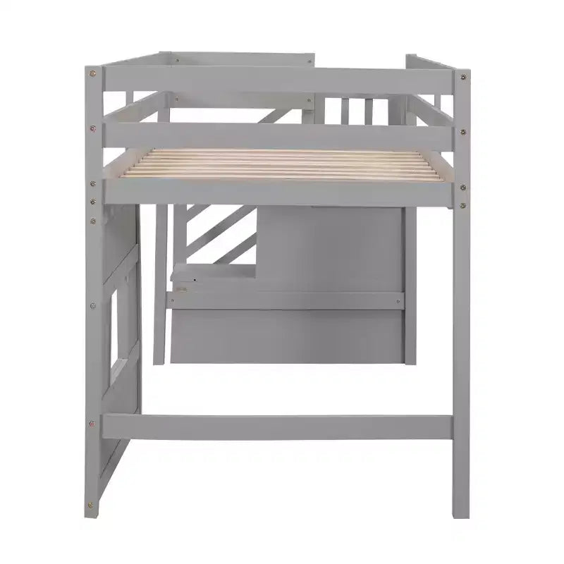 Lit mezzanine bas double avec escalier de rangement et fenêtre, cadre de lit mezzanine double en bois avec espace sous le lit pour enfants et adolescents