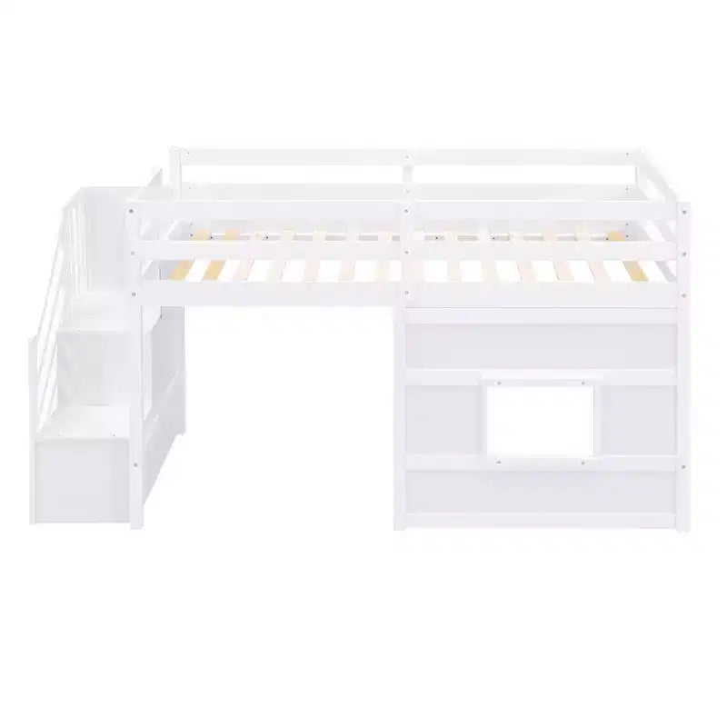 Lit mezzanine bas double avec escalier de rangement et fenêtre, cadre de lit mezzanine double en bois avec espace sous le lit pour enfants et adolescents