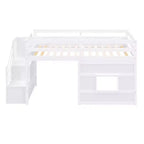 Lit mezzanine bas double avec escalier de rangement et fenêtre, cadre de lit mezzanine double en bois avec espace sous le lit pour enfants et adolescents