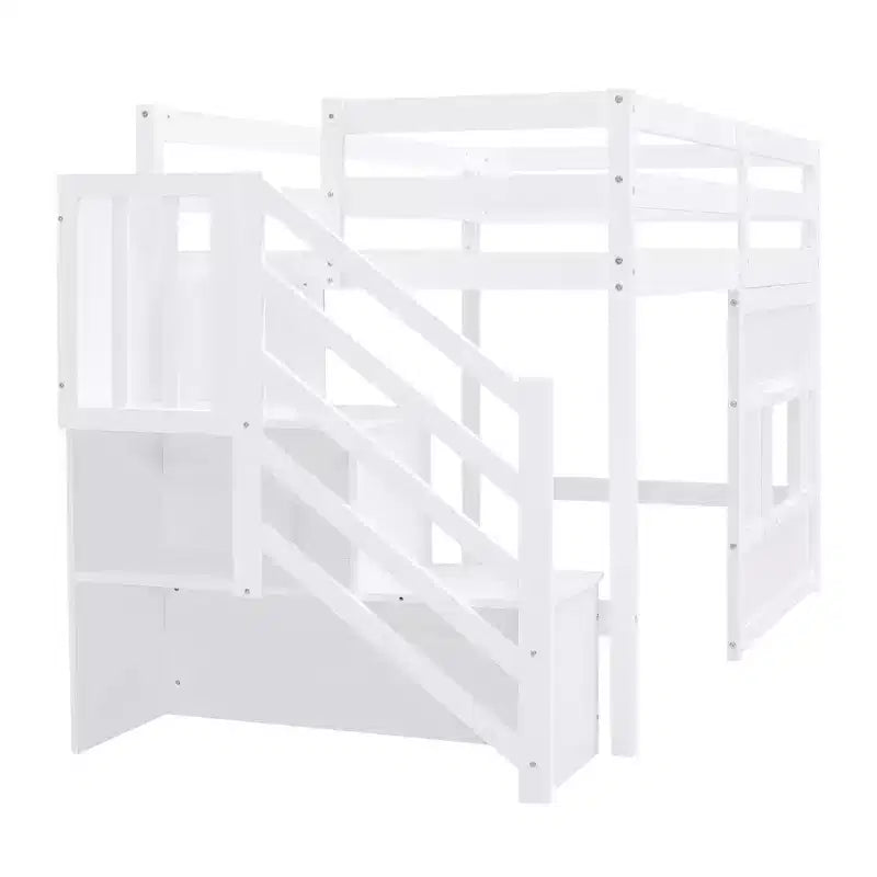 Lit mezzanine bas double avec escalier de rangement et fenêtre, cadre de lit mezzanine double en bois avec espace sous le lit pour enfants et adolescents