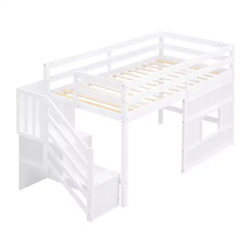 Lit mezzanine bas double avec escalier de rangement et fenêtre, cadre de lit mezzanine double en bois avec espace sous le lit pour enfants et adolescents