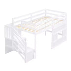 Lit mezzanine bas double avec escalier de rangement et fenêtre, cadre de lit mezzanine double en bois avec espace sous le lit pour enfants et adolescents