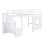 Lit mezzanine bas double avec escalier de rangement et fenêtre, cadre de lit mezzanine double en bois avec espace sous le lit pour enfants et adolescents