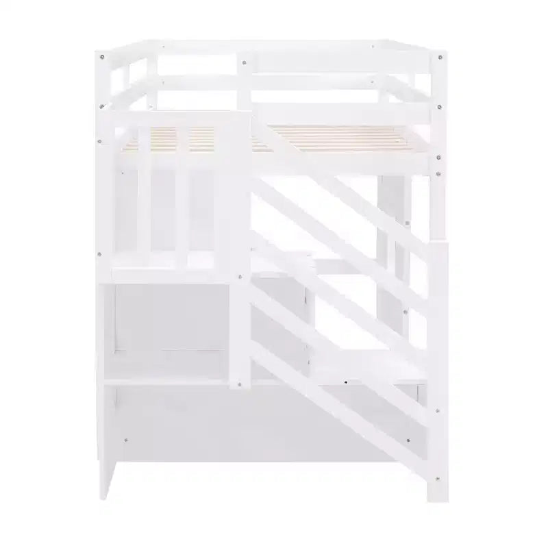 Lit mezzanine bas double avec escalier de rangement et fenêtre, cadre de lit mezzanine double en bois avec espace sous le lit pour enfants et adolescents
