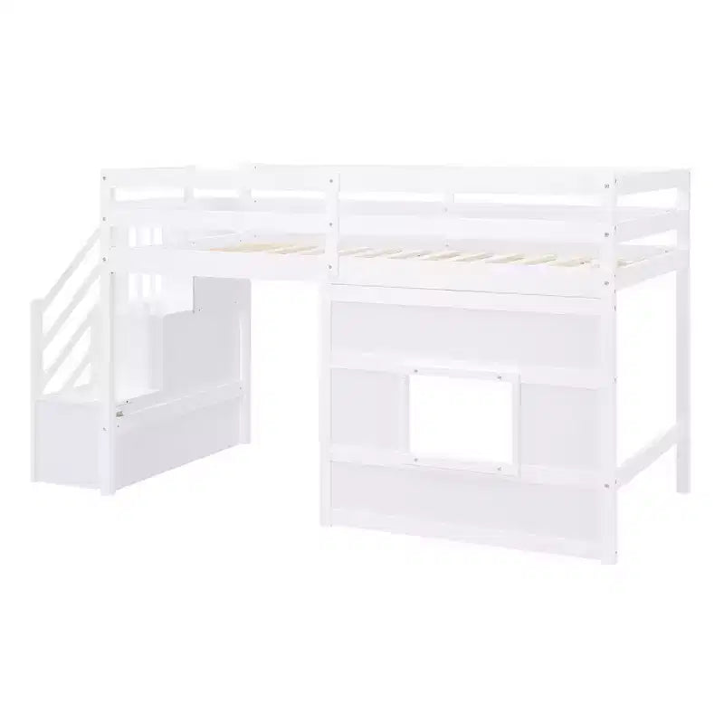 Lit mezzanine bas double avec escalier de rangement et fenêtre, cadre de lit mezzanine double en bois avec espace sous le lit pour enfants et adolescents