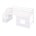 Lit mezzanine bas double avec escalier de rangement et fenêtre, cadre de lit mezzanine double en bois avec espace sous le lit pour enfants et adolescents