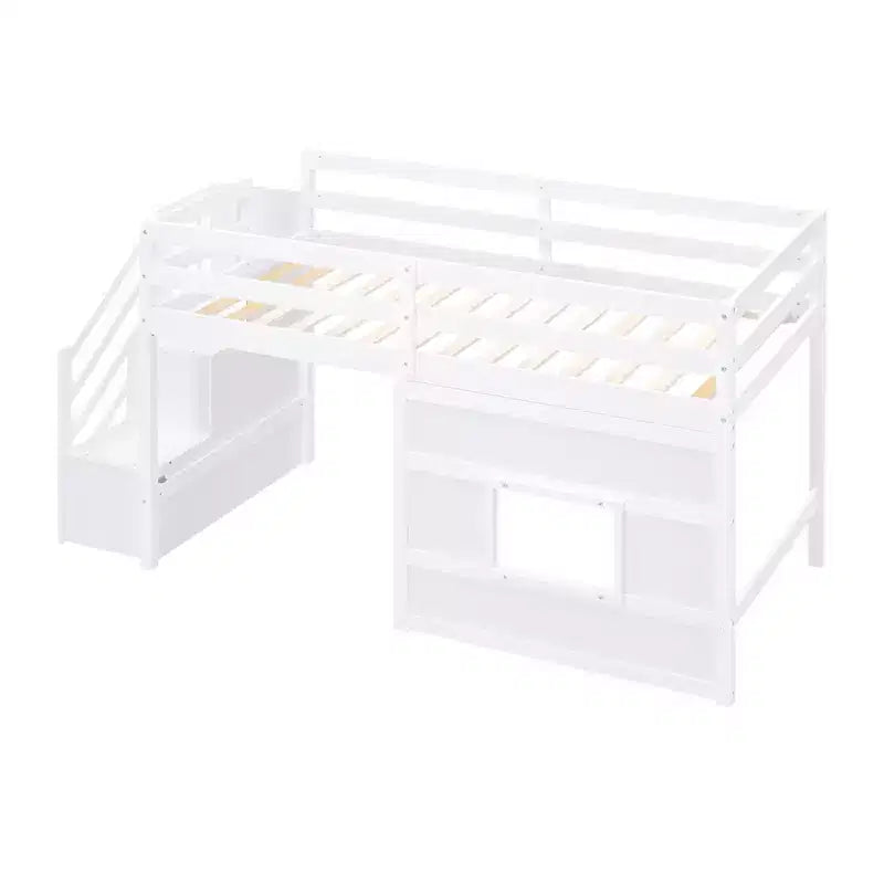 Lit mezzanine bas double avec escalier de rangement et fenêtre, cadre de lit mezzanine double en bois avec espace sous le lit pour enfants et adolescents