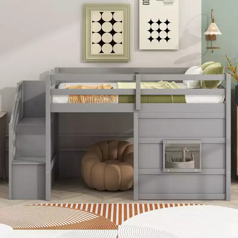 Lit mezzanine bas double avec escalier de rangement et fenêtre, cadre de lit mezzanine double en bois avec espace sous le lit pour enfants et adolescents