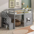 Lit mezzanine bas double avec escalier de rangement et fenêtre, cadre de lit mezzanine double en bois avec espace sous le lit pour enfants et adolescents
