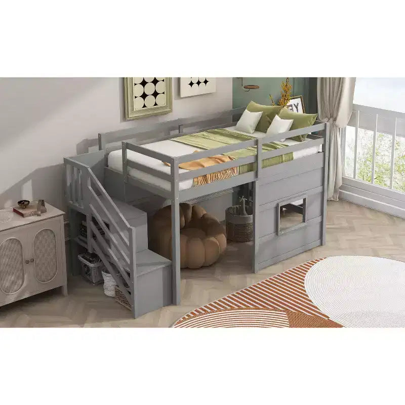 Lit mezzanine bas double avec escalier de rangement et fenêtre, cadre de lit mezzanine double en bois avec espace sous le lit pour enfants et adolescents