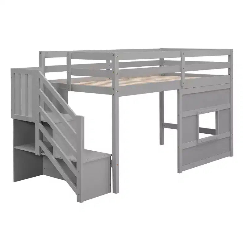Lit mezzanine bas double avec escalier de rangement et fenêtre, cadre de lit mezzanine double en bois avec espace sous le lit pour enfants et adolescents