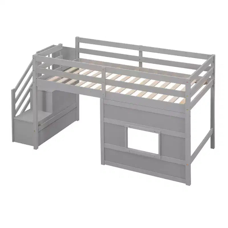 Lit mezzanine bas double avec escalier de rangement et fenêtre, cadre de lit mezzanine double en bois avec espace sous le lit pour enfants et adolescents