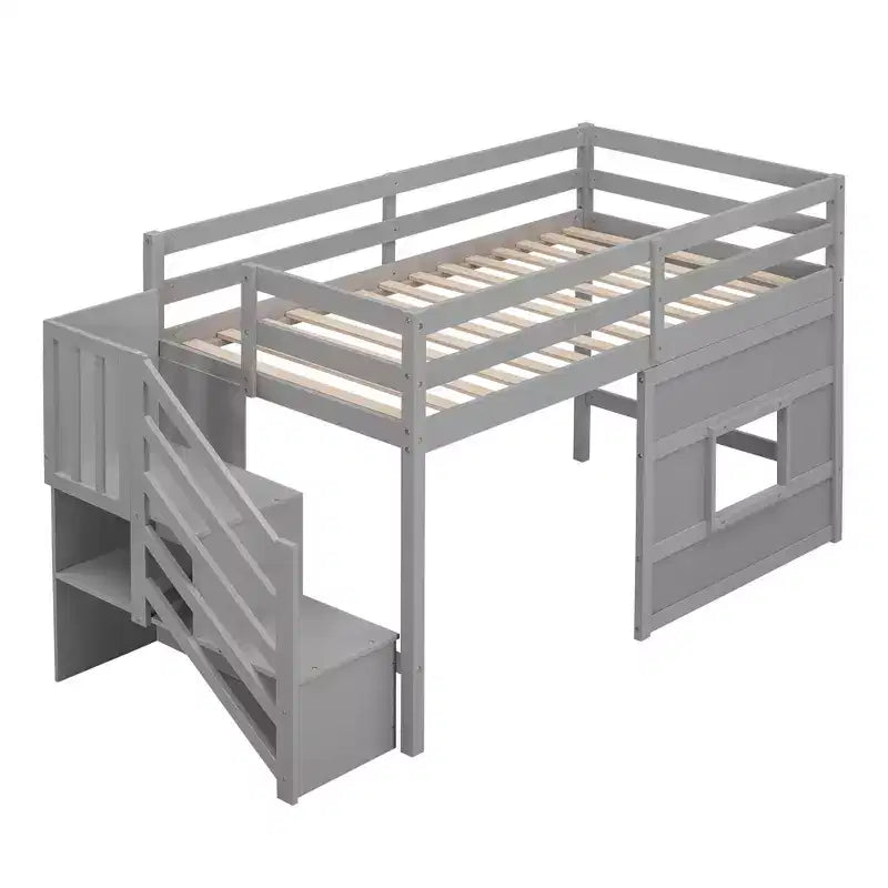 Lit mezzanine bas double avec escalier de rangement et fenêtre, cadre de lit mezzanine double en bois avec espace sous le lit pour enfants et adolescents