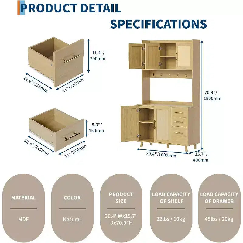Meuble de bar à café en rotin CuisinSmart de 180 cm de haut, buffet de cuisine en bois avec 6 crochets, 3 tiroirs et 5 portes, meuble de rangement rustique pour salle à manger