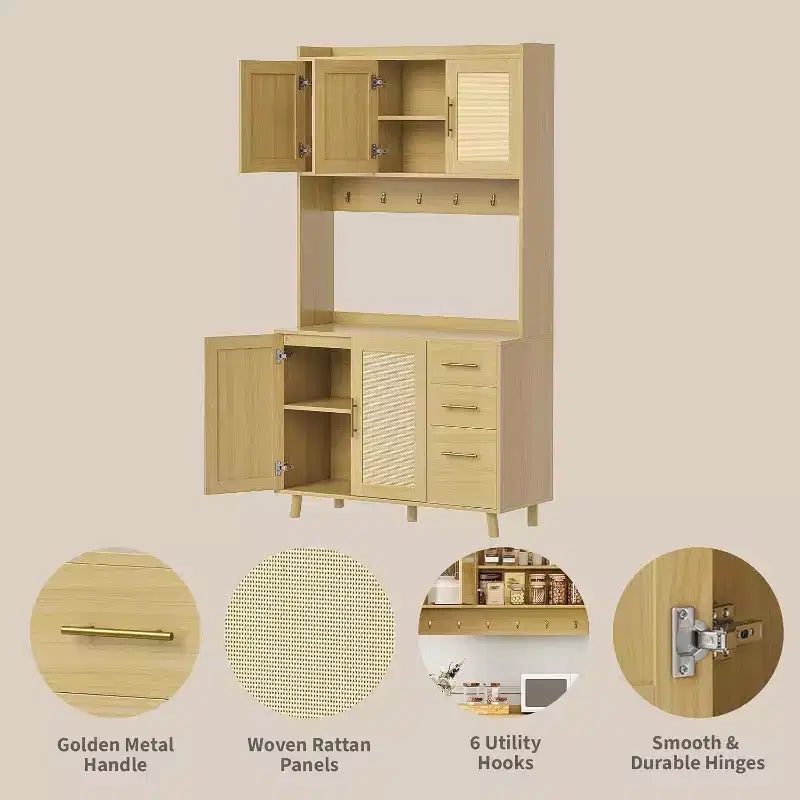 Meuble de bar à café en rotin CuisinSmart de 180 cm de haut, buffet de cuisine en bois avec 6 crochets, 3 tiroirs et 5 portes, meuble de rangement rustique pour salle à manger