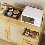 Meuble de bar à café en rotin CuisinSmart de 180 cm de haut, buffet de cuisine en bois avec 6 crochets, 3 tiroirs et 5 portes, meuble de rangement rustique pour salle à manger