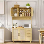 Meuble de bar à café en rotin CuisinSmart de 180 cm de haut, buffet de cuisine en bois avec 6 crochets, 3 tiroirs et 5 portes, meuble de rangement rustique pour salle à manger