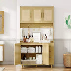 Meuble de bar à café en rotin CuisinSmart de 180 cm de haut, buffet de cuisine en bois avec 6 crochets, 3 tiroirs et 5 portes, meuble de rangement rustique pour salle à manger
