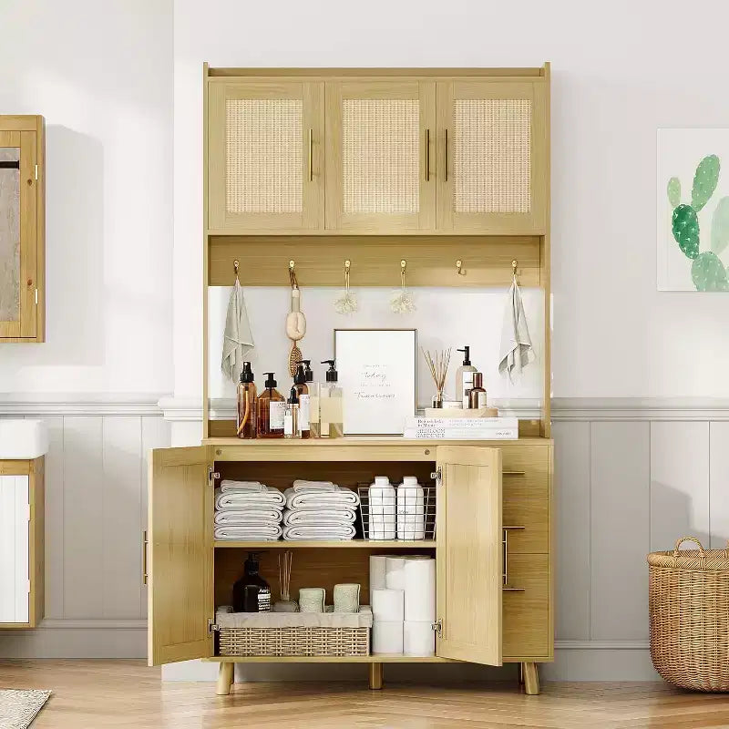 Meuble de bar à café en rotin CuisinSmart de 180 cm de haut, buffet de cuisine en bois avec 6 crochets, 3 tiroirs et 5 portes, meuble de rangement rustique pour salle à manger