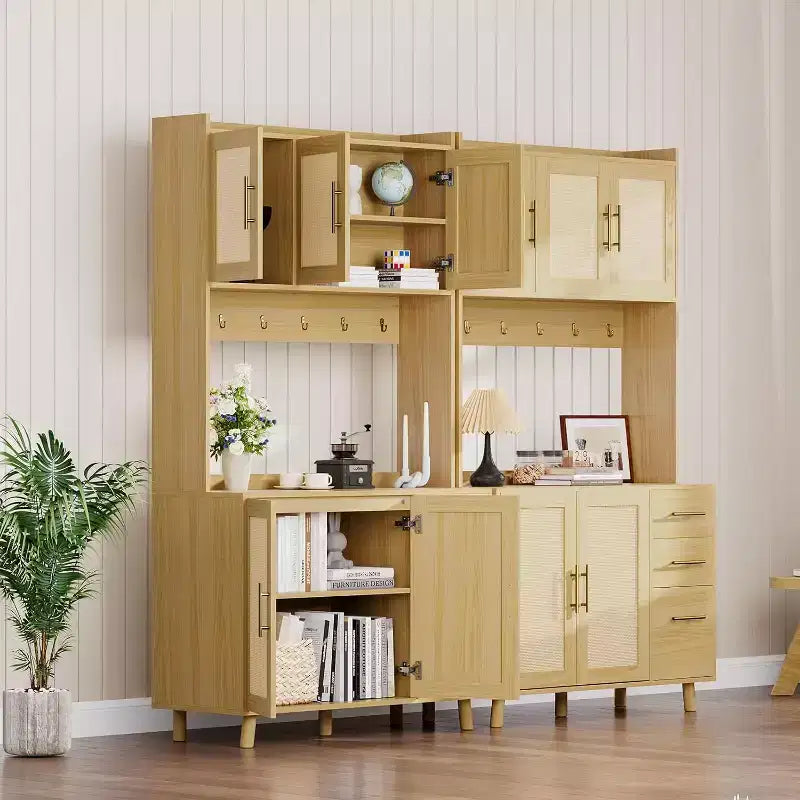 Meuble de bar à café en rotin CuisinSmart de 180 cm de haut, buffet de cuisine en bois avec 6 crochets, 3 tiroirs et 5 portes, meuble de rangement rustique pour salle à manger