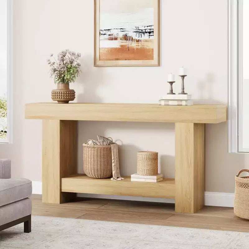 Coolmee Console 160 cm, Table de Console de Ferme pour Salon, Table de Canapé à 2 Niveaux avec Rangement, Table d'Entrée en Bois
