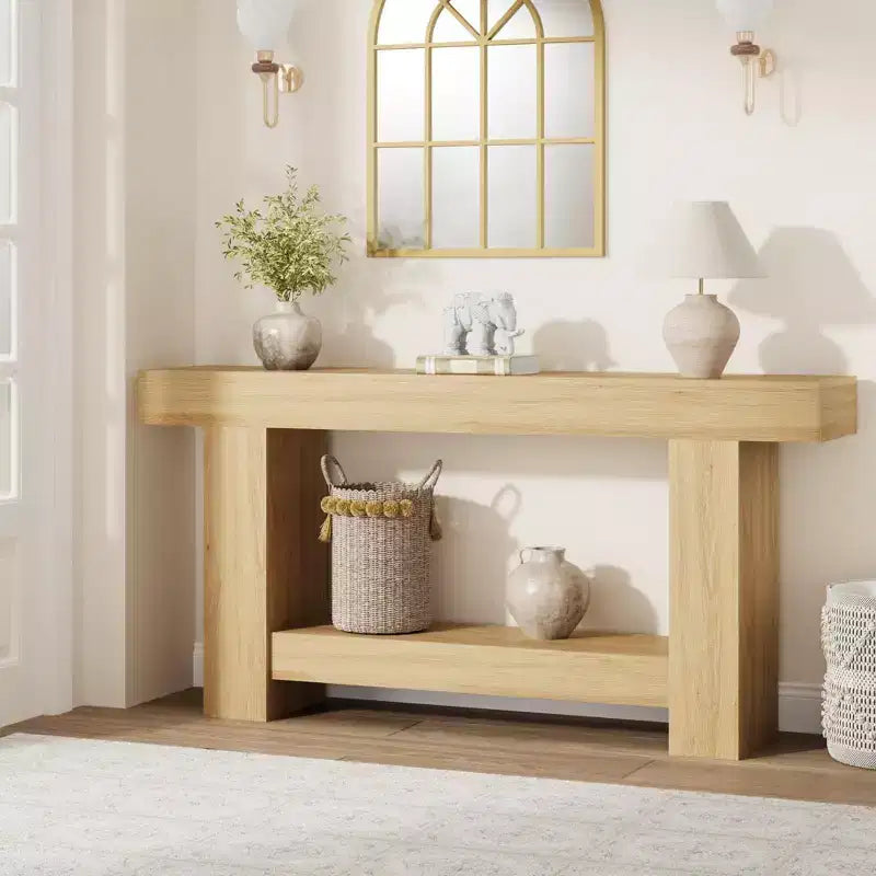 Coolmee Console 160 cm, Table de Console de Ferme pour Salon, Table de Canapé à 2 Niveaux avec Rangement, Table d'Entrée en Bois