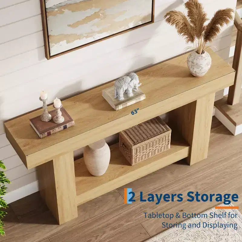 Coolmee Console 160 cm, Table de Console de Ferme pour Salon, Table de Canapé à 2 Niveaux avec Rangement, Table d'Entrée en Bois