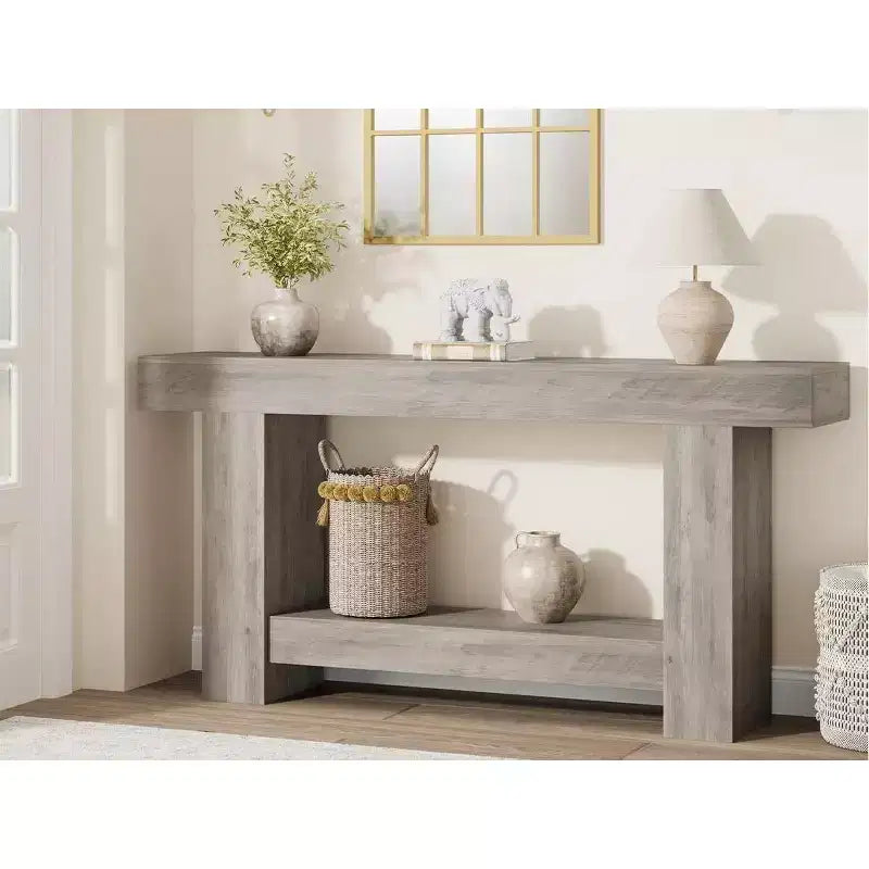 Coolmee Console 160 cm, Table de Console de Ferme pour Salon, Table de Canapé à 2 Niveaux avec Rangement, Table d'Entrée en Bois