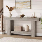 Coolmee Console 160 cm, Table de Console de Ferme pour Salon, Table de Canapé à 2 Niveaux avec Rangement, Table d'Entrée en Bois