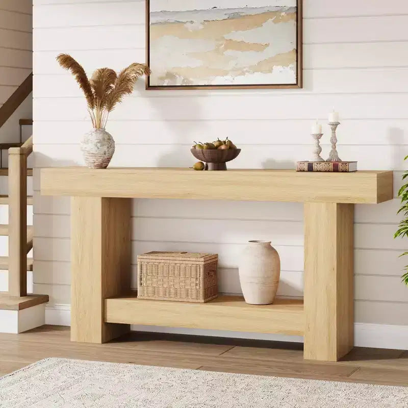Coolmee Console 160 cm, Table de Console de Ferme pour Salon, Table de Canapé à 2 Niveaux avec Rangement, Table d'Entrée en Bois