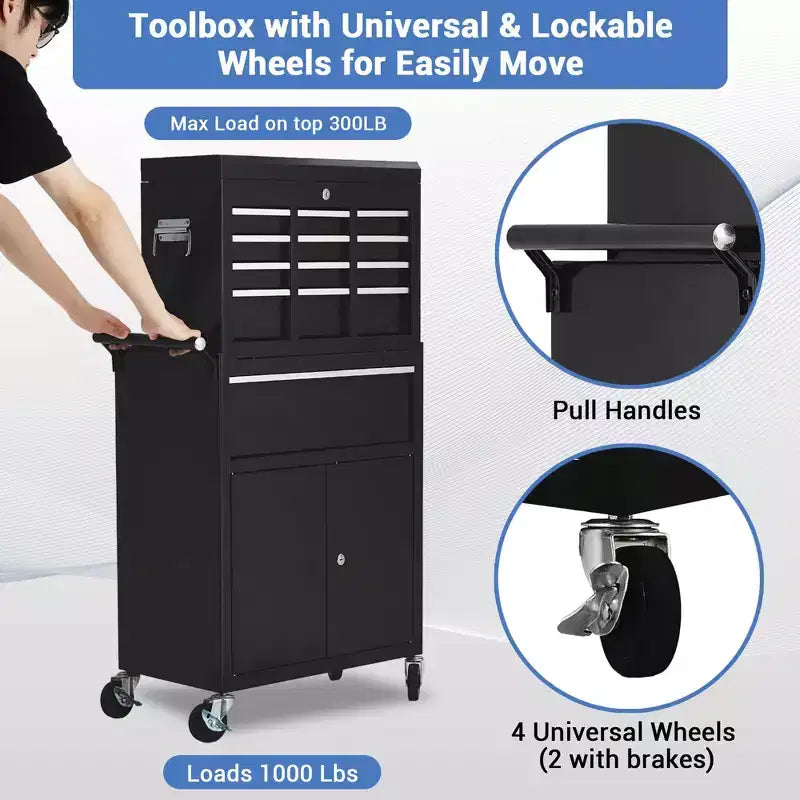Servante d'atelier à roulettes avec coffre à outils supérieur détachable, chariot de rangement à 5 tiroirs avec 4 roues, résistant à la rouille pour garage et atelier