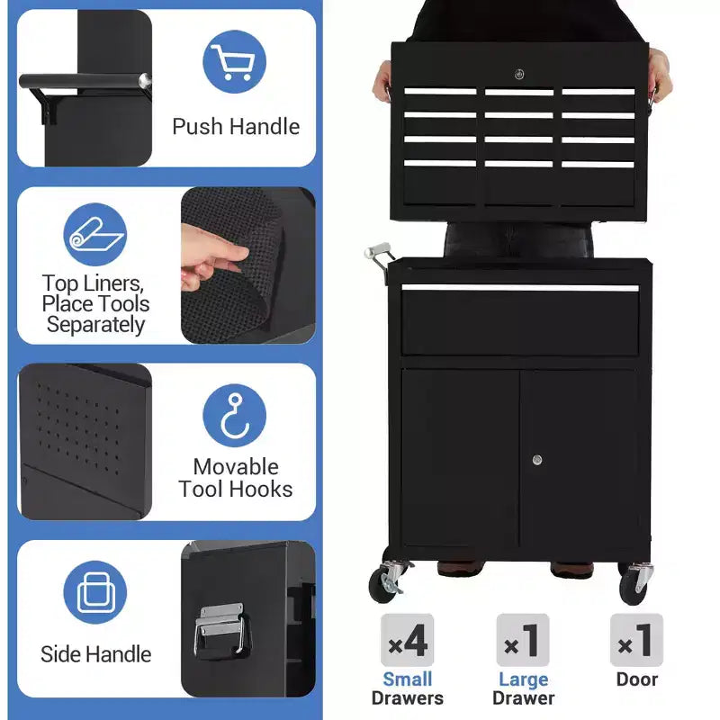 Servante d'atelier à roulettes avec coffre à outils supérieur détachable, chariot de rangement à 5 tiroirs avec 4 roues, résistant à la rouille pour garage et atelier