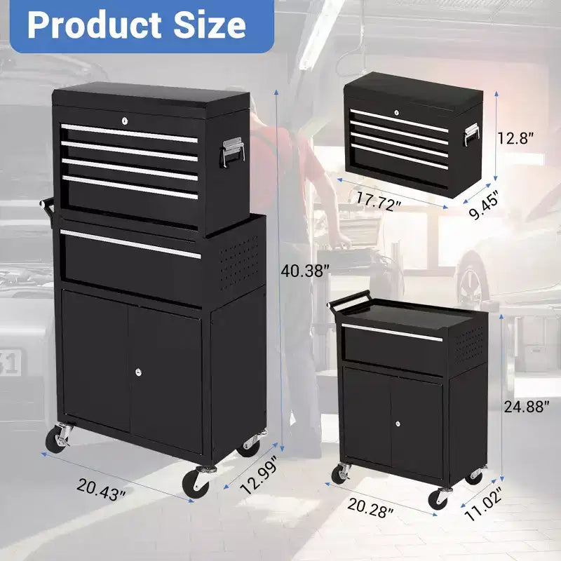 Servante d'atelier à roulettes avec coffre à outils supérieur détachable, chariot de rangement à 5 tiroirs avec 4 roues, résistant à la rouille pour garage et atelier